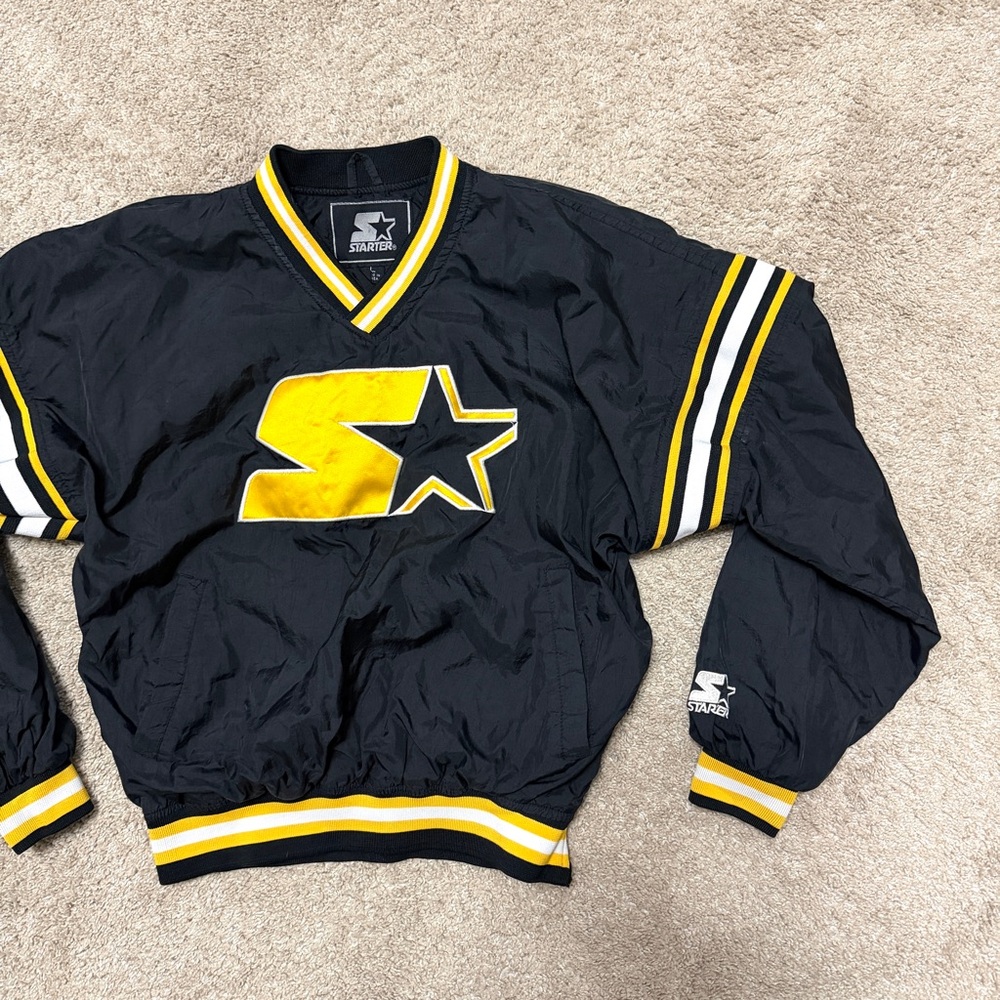 VTG 90s Starter Black/Yellow Patch Sewn Logo Spell out Pullover Jacket LG youth